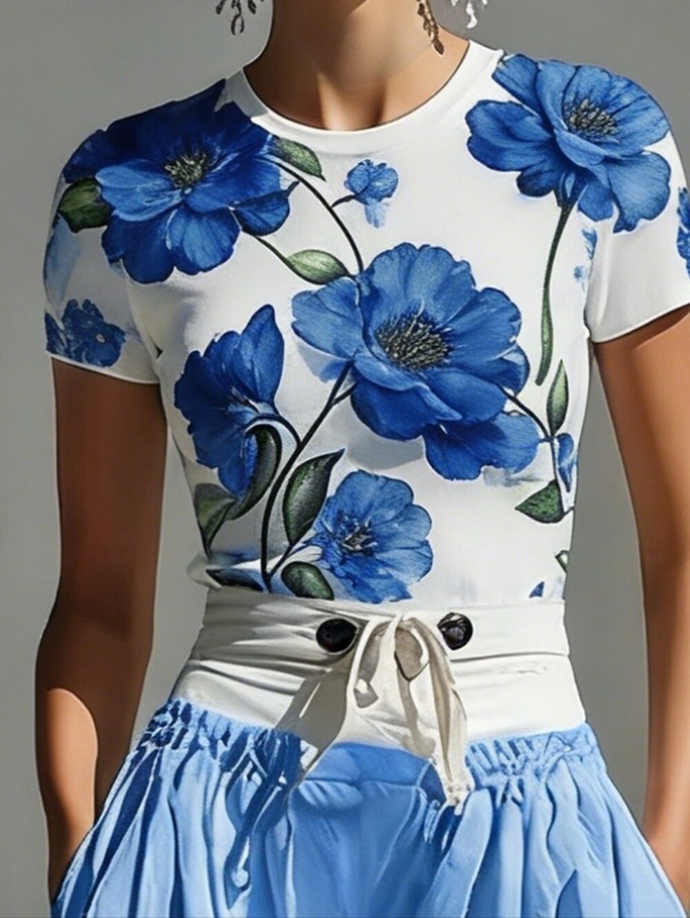 STYLEWE White Tee with Bold Blue Floral Print